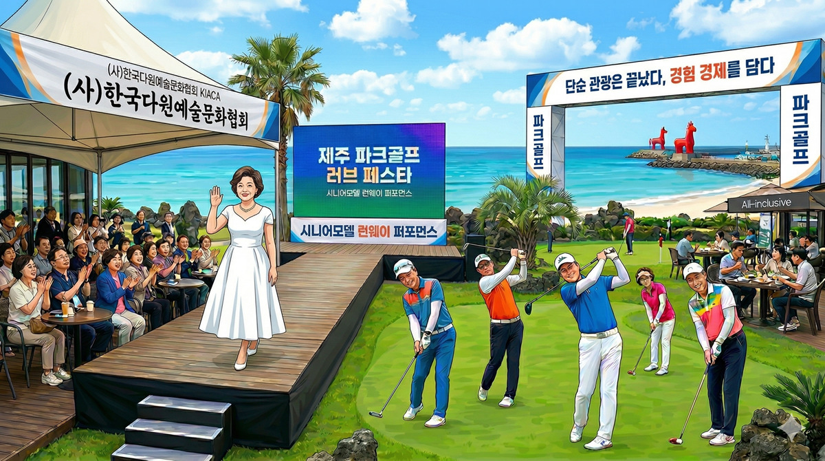 제주 파크골프 러브 페스타 현장에서 시니어 모델 런웨이와 파크골프 체험이 동시에 진행되는 체류형 관광 이벤트 모습
